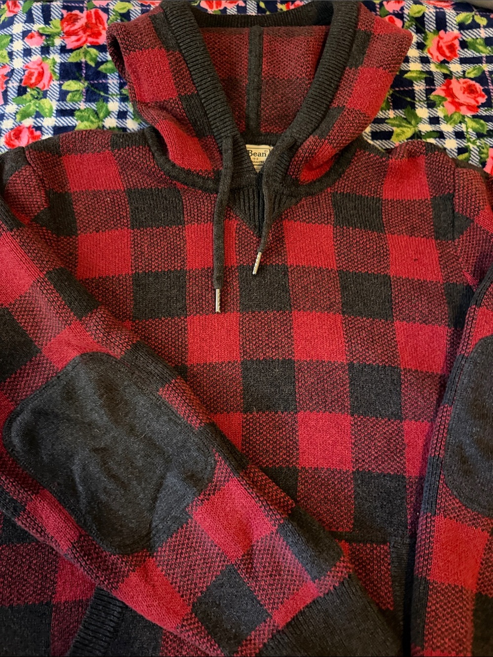 VTG L.L. Bean Cotton Cashmere Hoodie Sweater Elbow Patch Men's L Buffalo Plaid